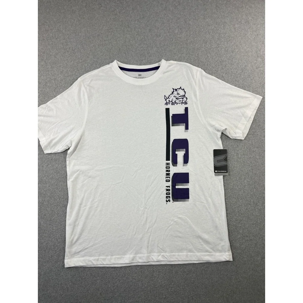 TCU Horned Frogs Shirt Mens L White Purple Short Sleeve Colosseum Relaxed Fit